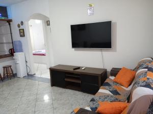 sala de estar con sofá y TV de pantalla plana en Casa no Campeche para veraneio com internet, en Florianópolis