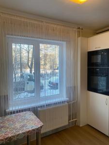 Pokój z dużym oknem i stołem w obiekcie Cat Garden Family Apartments Riga w Rydze