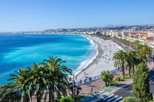 een uitzicht op een strand met palmbomen en de oceaan bij Emplacement idéal dans le Var ! in Cuers