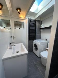 ein Badezimmer mit einem Waschbecken und einer Waschmaschine in der Unterkunft Zandrijk in Egmond aan den Hoef