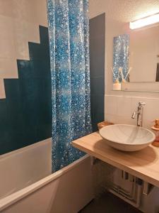 uma casa de banho com um lavatório e uma cortina de chuveiro azul em Studio pieds des pistes plein soleil em Les Contamines-Montjoie