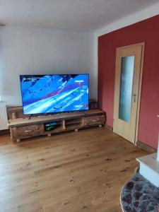 ein Wohnzimmer mit einem großen Flachbild-TV in der Unterkunft Ferienwohnung 3 am Hofladen Hellendorf in Bad Gottleuba