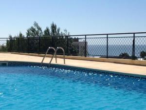uma piscina com uma cerca de metal e um nadador em Quinta das Rosas - Beach and Mountain apartment em Buarcos