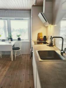 a kitchen with a sink and a table and a window at Private Mountain Apartment in Narvik