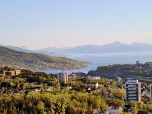 a city with a lake and mountains in the background at Private Mountain Apartment in Narvik