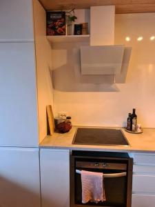 a small kitchen with a stove and a sink at Cosy Holiday Apt Close to Gondola and Town Center in Narvik