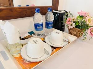 dos tazas y platillos en una bandeja con botellas de agua en Royal Nest, en Polonnaruwa