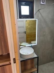 a bathroom with a sink and a mirror at A Frame Denver in Ashtarak