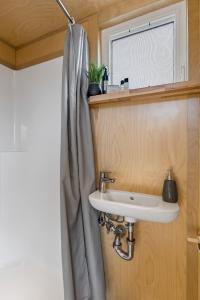 a bathroom with a sink and a shower curtain at Tiny home near Grand Canyon sleeps 5, epic views! in Flagstaff