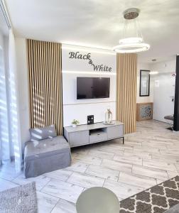 a living room with a couch and a flat screen tv at Apartament Black-White in Mielno