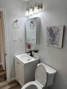 La salle de bains est pourvue de toilettes blanches et d'un lavabo. dans l'établissement Peaceful Park 2 Bedroom Remodeled Family Suite, à Granite City