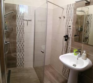 a bathroom with a sink and a glass shower at Elizabeth Apartman in Makó