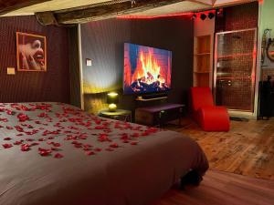 1 dormitorio con 1 cama y TV con rosas. en À HOME LOVE-SPA, le plus luxueux parmi nos 2 établissements, en Montluel