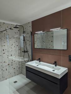 La salle de bains est pourvue d'un lavabo blanc et d'une douche. dans l'établissement Chalet Coste Belle, à La Fare-en-Champsaur