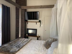 a bedroom with a bed and a flat screen tv at domaine des mésanges in Beaupré