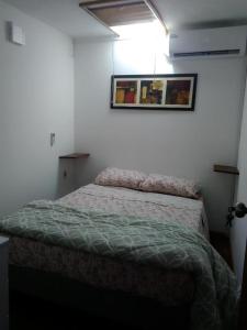 1 dormitorio con 1 cama y una foto en la pared en Charruas hostel en Montevideo