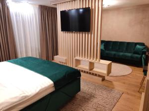 a bedroom with a bed and a couch and a flat screen tv at Trend Residence in Braşov