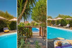 3 vistas diferentes a una piscina con sillas y sombrillas en Residence Agula Mora en Lecci