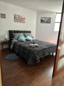 1 dormitorio con 1 cama grande con almohadas azules en Alcantara'S Merced 562 en Santiago