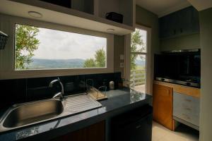 a kitchen with a sink and a large window at Olympian Heights in Olympia