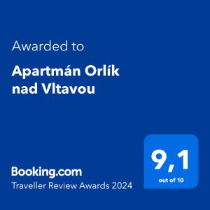 Certifikát, hodnocení, plakát nebo jiný dokument vystavený v ubytování Apartmán Orlík nad Vltavou