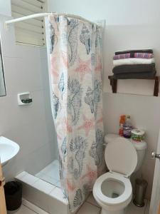 a bathroom with a toilet and a shower curtain at Malibu Ocean View Studio in Montego Bay