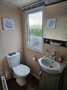 a bathroom with a toilet and a sink and a window at Swift Moselle in Lincolnshire