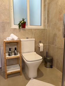 a bathroom with a white toilet in a room at Bright Penthouse with large terrace in Pieta