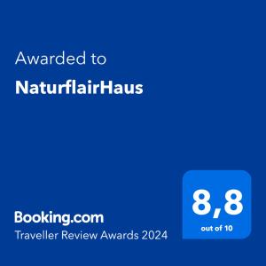 Certifikat, nagrada, logo ili neki drugi dokument izložen u objektu NaturflairHaus
