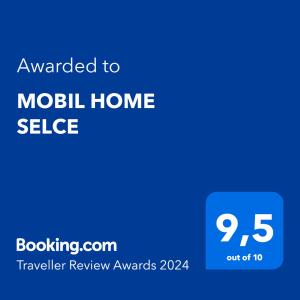 Certifikát, hodnocení, plakát nebo jiný dokument vystavený v ubytování MOBIL HOME SELCE