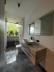 a bathroom with a sink and a toilet and a mirror at Hotel Suites Lounge Cañasgordas in Cali