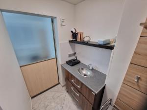 a small bathroom with a sink and a shower at Cozy apartments in the center of Liepaja in Liepāja