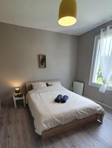 Un dormitorio con una cama con dos zapatos azules. en *L'Anatole*/Haute Ville/TULLE, en Tulle