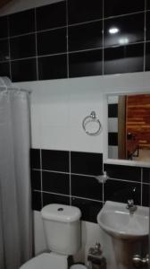 a bathroom with a white toilet and a sink at Cabañas Madera del Confin Angol in Angol