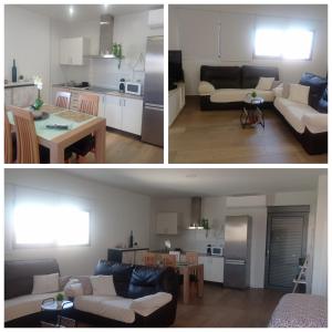 - deux photos d'un salon et d'une cuisine avec un canapé dans l'établissement Loft de 50metros con dos terrazas, à Herencia