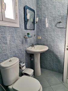 a bathroom with a toilet and a sink at Margarita - Entire house with 4 bedrooms and free parking in Gjirokastër