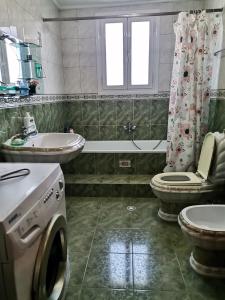 y baño con aseo, lavabo y lavadora. en Margarita - Entire house with 4 bedrooms and free parking en Gjirokastër