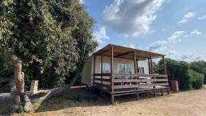 a tiny house is sitting under a tree at Camping Internazionale Di Castelfusano in Lido di Ostia