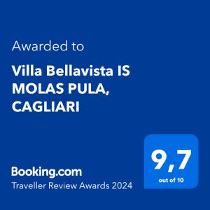 a screenshot of a cell phone with the text awarded to villa belize is at Villa Bellavista IS MOLAS PULA, CAGLIARI in Santa Margherita di Pula