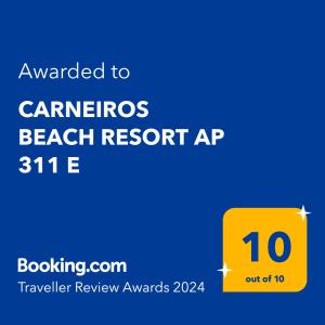 um sinal amarelo com as palavras "carnegie beach resort ap" em CARNEIROS BEACH RESORT AP 311 E em Praia dos Carneiros