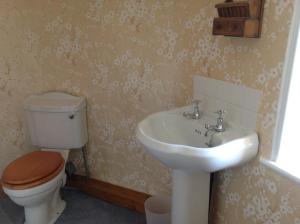 a bathroom with a toilet and a sink at Cissy's Cottage in Hawes +21 photos