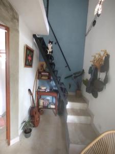 a room with a staircase with a dog sitting on a shelf at Chalé Mar Aberto in Porto Seguro