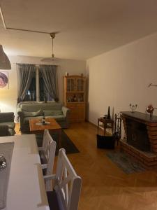 uma sala de estar com um sofá e uma lareira em Bootsmanns Hütte 7 Personen em Virserum