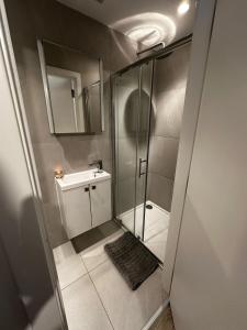 een kleine badkamer met een douche en een wastafel bij Beckenham- Stunning Double Bedroom With En-suite in SHARED APARTMENT in Elmers End