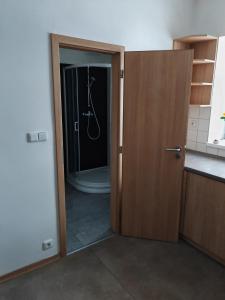 a bathroom with a shower with a glass door at Hospoda U Máně in Řepiště