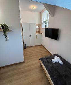 Zimmer mit einem Bett und einem Flachbild-TV in der Unterkunft Stara Piekarnia in Tylicz