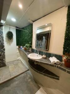 ein Bad mit einem Waschbecken und einem Spiegel in der Unterkunft Oasis by Franklin Villa #4 in Fortuna