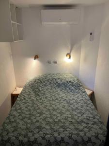 ein Schlafzimmer mit einem Bett mit einer grünen Bettdecke in der Unterkunft Cannes apartment with sea view and aircondition in Cannes