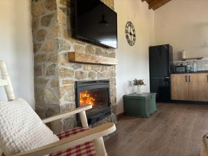 sala de estar con chimenea de piedra y TV en Valle de la Rosa en Prado del Rey