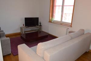 Una sala de estar con un sofá blanco y un televisor. en Appartement Timgad, en Gérardmer